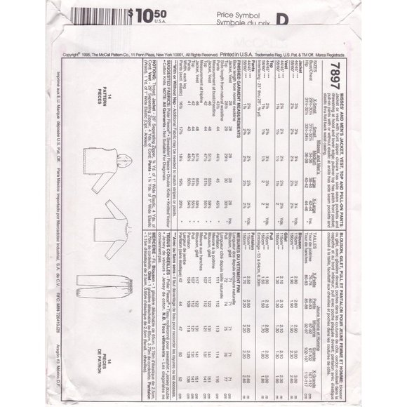 UNCUT Vintage Sewing PATTERN McCalls 7897, Misses and Mens 1995 Unisex Jacket - Picture 2 of 2